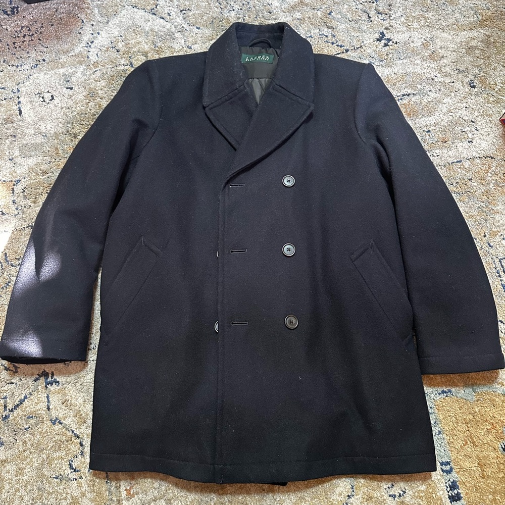 VINTAGE POLO RALPH LAUREN DOUBLE BREASTED NAVY PEA COAT, SIZE LARGE